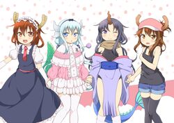  4girls :d ;) akatsuki_(kancolle) ascot badge bare_shoulders baseball_cap black_thighhighs blue_eyes blue_shorts breasts brown_eyes brown_hair commentary cosplay cowboy_shot denim denim_shorts dragon_girl elbow_gloves elma_(maidragon) elma_(maidragon)_(cosplay) folded_ponytail gloves grey_hair hair_ornament hairband hairclip hat hibiki_(kancolle) highres horns horns_through_headwear ikazuchi_(kancolle) inazuma_(kancolle) kanna_kamui kanna_kamui_(cosplay) kantai_collection kobayashi-san_chi_no_maidragon long_hair looking_at_viewer lucoa_(maidragon) lucoa_(maidragon)_(cosplay) maid maid_headdress miyabi_(miyabeeya) multiple_girls one_eye_closed open_mouth puffy_short_sleeves puffy_sleeves purple_eyes purple_hair red_ascot short_hair short_sleeves shorts small_breasts smile socks tail tank_top thighhighs tohru_(maidragon) tohru_(maidragon)_(cosplay) white_gloves white_socks white_thighhighs 