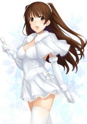  :d billion_(billion0103) bow brown_eyes brown_hair capelet choker dress elbow_gloves female gloves holding long_hair looking_at_viewer microphone ogiso_setsuna open_mouth smile solo thighhighs white_album_(series) white_album_2 white_thighhighs 