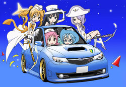  5girls akiran_(r32) aoi_(houkago_no_pleiades) car commentary_request driving glasses gloves hand_on_headwear hat hikaru_(houkago_no_pleiades) houkago_no_pleiades itsuki_(houkago_no_pleiades) motor_vehicle multiple_girls name_connection nanako_(houkago_no_pleiades) object_namesake open_mouth pleiadean right-hand_drive short_hair smile sports_car staff star_(symbol) subaru_(brand) subaru_(houkago_no_pleiades) subaru_impreza sweatdrop traffic_cone vehicle_focus 