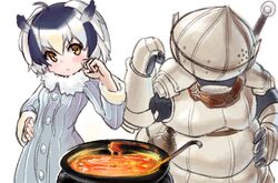  armor bad_id bad_pixiv_id black_hair cauldron clenched_hand coat commentary crossover dark_souls_(series) dark_souls_i dokomon english_commentary female fur_collar gloves hand_on_own_hip helmet kemono_friends looking_at_viewer multicolored_hair northern_white-faced_owl_(kemono_friends) short_hair sieglinde_of_catarina simple_background white_background white_hair yellow_eyes 