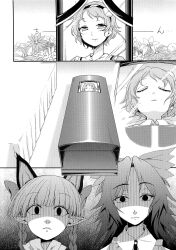  animal_ears coffin death doujinshi greyscale highres iei kaenbyou_rin komeiji_satori kumadano monochrome multiple_girls photo_(object) reiuji_utsuho touhou 