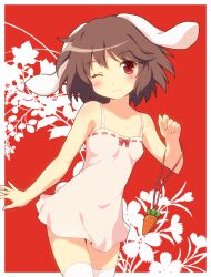  ;3 animal_ears bare_shoulders blush brown_hair carrot chemise collarbone commentary_request contrapposto cowboy_shot female floral_background inaba_tewi jewelry looking_at_viewer one_eye_closed pendant rabbit_ears rabbit_girl rabbit_tail red_background red_eyes short_hair smile solo tail thighhighs touhou white_thighhighs yamasan zettai_ryouiki 