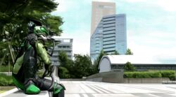  1boy building cityscape kamen_rider kamen_rider_ooo_(series) male_focus oekaki outdoors photorealistic realistic sitting solo tree uva 