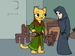  4:3 animated barefoot clothed clothing dialogue feet felid female hood human katia_managan khajiit mammal microsoft prequel_adventure text the_elder_scrolls 