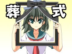  ascot black_hair blue_eyes commentary_request empty_picture_frame female hat iei murasa_minamitsu photoshop_(medium) picture_frame rappa_(rappaya) ribbon sailor sailor_hat short_hair smile solo touhou translated 