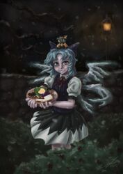  berries blue_eyes blue_hair blush bow cake cirno doll female food green_hair hairbow hat highres holding ice ice_wings komeiji_koishi lamppost lolicon mima perfect_cherry_blossom ribbon short_hair smile snow snowing solo teeth touhou touhou_(pc-98) tree wings winter zucreelo 