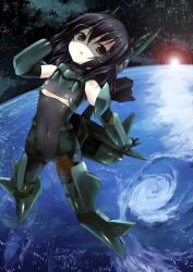  arnval_yamada bad_id bad_pixiv_id busou_shinki doll_joints earth_(planet) female head-mounted_display in_orbit joints lens_flare mecha_musume military milky_way personification photoshop_(medium) planet solo space star_(sky) x-2_shinshin x-2_shinshin_(personification) 