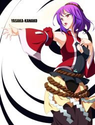  adapted_costume bad_id bad_pixiv_id breasts cleavage detached_sleeves female hair_ornament hand_on_own_chest km_yama open_mouth outstretched_arm purple_hair red_eyes rope shimenawa short_hair simple_background skirt small_breasts solo touhou yasaka_kanako 