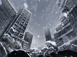  building city destruction game_cg no_humans post-apocalypse post-apocalyptic ruins scenery sky snow snowing swan_song winter 