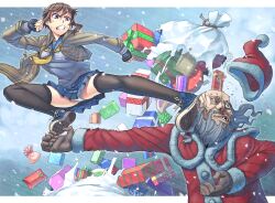  1boy bald beard black_legwear blood blue_eyes broken broken_tooth brown_hair christmas_girl_(itou) clenched_teeth coat commentary duel facial_hair female fingerless_gloves flying_kick gift gloves hat highres in_the_face itou_(onsoku_tassha) kicking mixed_gender_duel motion_blur original panties santa_claus santa_costume santa_hat school_uniform serafuku shoes sneakers snow teeth teeth thighhighs underwear white_panties 