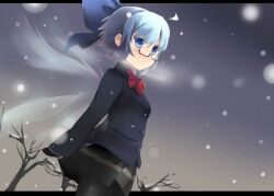  ahoge alternate_costume bespectacled black_pantyhose blue_bow blue_eyes blue_hair blush bow cirno female glasses gloves hairbow letterboxed pantyhose school_uniform shin_(new) skirt snow solo touhou 