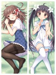  2girls :d ahoge asahina_mia bad_id bad_pixiv_id black_hair black_legwear blush bow bow_legwear braid brown_eyes brown_hair dakimakura_(medium) dress feet finger_to_mouth flower grass hair_flower hair_ornament hairbow head_tilt kazama_minto lace lace-trimmed_dress lace_trim long_hair lying multiple_girls no_shoes on_back on_grass on_side open_mouth outstretched_hand pan_(mimi) pantyhose photoshop_(medium) plaid reaching sailor_dress sakura_no_reply school_uniform smile thighband_pantyhose thighhighs twintails very_long_hair white_dress white_legwear zettai_ryouiki 