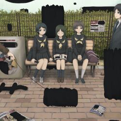  1boy 3girls bench black_eyes black_hair black_serafuku briefcase closed_eyes commentary_request highres multiple_girls original school_uniform serafuku short_hair sitting trash yajirushi_(chanoma) 