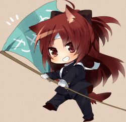  animal_ears bad_id bad_pixiv_id blush bow cat_ears cat_tail chibi female flag grin hairbow kemonomimi_mode long_hair mahou_shoujo_madoka_magica mahou_shoujo_madoka_magica_(anime) nochita_shin red_eyes red_hair red_tail sakura_kyoko smile solo tail uniform 