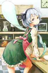  apron arm_support blender_(object) checkered_floor commentary_request contemporary cooking female food ghost grey_eyes highres hitodama kitchen konpaku_youmu konpaku_youmu_(ghost) leaning_forward noodles photoshop_(medium) same_2009 short_hair smile solo television touhou udon white_hair 