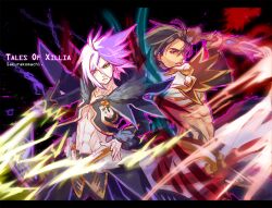  2boys abs black_hair commentary_request copyright_name gaius_(tales) male_focus manly midriff multiple_boys official_alternate_costume pants photoshop_(medium) red_eyes serious spoilers sword tales_of_(series) tales_of_xillia usagineko weapon white_hair wingul_(tales) yellow_eyes 