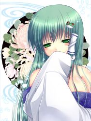  asazuki_kanai bare_shoulders blush breasts chrysanthemum commentary_request covered_mouth covering_own_mouth detached_sleeves eyelashes female floral_background flower frog_hair_ornament glowing glowing_petals green_eyes green_hair hair_ornament half-closed_eyes hand_over_own_mouth jitome kochiya_sanae long_hair long_sleeves medium_breasts off_shoulder petals photoshop_(medium) pink_flower sleeves_past_wrists snake_hair_ornament solo touhou upper_body wide_sleeves yellow_flower 