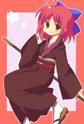  ahoge apron bad_id bad_pixiv_id bow broom brown_kimono female geta hairbow japanese_clothes kimono kohaku_(tsukihime) mishin pink_hair purple_hair red_hair sandals short_hair solo tsukihime yellow_eyes 