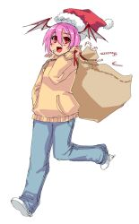  alternate_costume blush candy candy_cane casual contemporary denim female food hat head_wings highres holding holding_sack hood hoodie jeans kekekeke lilith_aensland oerba_yun_fang pants purple_hair red_eyes sack santa_hat short_hair solo vampire_(game) wings 