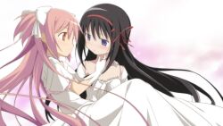  akemi_homura banned_artist black_hair blue_eyes carrying couple dress eye_contact gloves good_end hair_ribbon kaname_madoka long_dress long_hair long_skirt looking_at_another mahou_shoujo_madoka_magica moritan multiple_girls official_style pink_hair princess_carry red_eyes red_ribbon ribbon skirt spoilers two_side_up ultimate_madoka very_long_hair white_dress white_gloves white_ribbon wife_and_wife yuri 