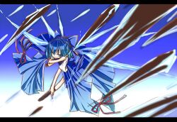  bad_id bad_pixiv_id blue_eyes blue_hair bow cirno danmaku female hairbow ichiyan icicle icicle_fall letterboxed looking_at_viewer short_hair short_sleeves solo touhou wings 