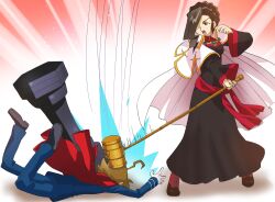  1boy ace_attorney_investigations ace_attorney_investigations_2 ahoge arm_up bad_id bad_pixiv_id black_dress black_hair braid brown_eyes brown_hair capcom cape chess_piece cross-laced_footwear dress faceplant falling female fighting_stance frown gavel gloves gyakuten_saiban hair_bun hair_intakes hair_over_one_eye hitting ichiyanagi_yumihiko jacket jacket_on_shoulders long_skirt long_sleeves mikagami_hakari open_mouth pants sash school_uniform shirataki single_hair_bun skirt teeth themis_legal_academy_school_uniform white_gloves 