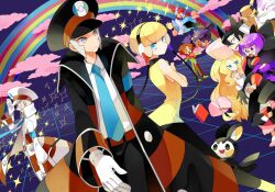  4boys 5girls black_hair blonde_hair blue_eyes book burgh_(pokemon) caitlin_(pokemon) closed_eyes commentary_request dark-skinned_female dark-skinned_male dark_skin elesa_(pokemon) emmet_(pokemon) emolga flying glasses gloves green_eyes grey_eyes grey_hair grimsley_(pokemon) gum_(gmng) hat headphones ingo_(pokemon) iris_(pokemon) long_hair marshal_(pokemon) mienshao multiple_boys multiple_girls pantyhose peaked_cap pokemon pokemon_(creature) pokemon_bw purple_eyes purple_hair rainbow riding riding_pokemon shauntal_(pokemon) skyla_(pokemon) sparkle swoobat 