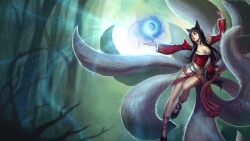  ahri animal_ears black_hair female fox fox_ears fox_girl fox_tail fur kitsune league_of_legends long_hair magic multiple_tails nine_tail_fox tail 