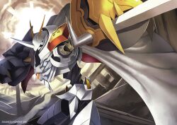  bad_id bad_pixiv_id blue_eyes cape digimon digimon_(creature) hajime_(hajime-ill-1st) horns no_humans omegamon single_horn solo sword weapon 