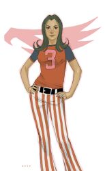  1970s_(style) artist_name bell-bottoms belt casual clothes_writing commentary_request emblem female gatchaman hands_on_own_hips insignia jun_the_swan long_hair pants phil_noto photoshop_(medium) raglan_sleeves realistic retro_artstyle science_fiction shirt simple_background smile solo striped_clothes striped_pants t-shirt vertical-striped_clothes vertical-striped_pants white_background 