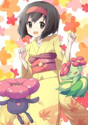  bellossom black_eyes black_hair blush commentary_request erika_(pokemon) female floral_background flower fuguno furisode hairband japanese_clothes kimono open_mouth pokemon pokemon_(creature) pokemon_hgss short_hair smile vileplume 