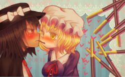  2girls bad_id bad_pixiv_id blonde_hair blush border brown_eyes brown_hair culotte_(hosenrock) dated eye_contact food hat heart lace lace_border looking_at_another maribel_hearn multiple_girls necktie ornate_border pocky pocky_day profile short_hair striped striped_background touhou usami_renko yellow_eyes yuri 