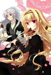  androgynous bad_id bad_pixiv_id blonde_hair chocolate cup dress feline female grey_hair miyu_(matsunohara) original ponytail purple_eyes red_eyes tea teacup 