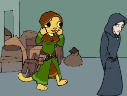  4:3 animated barefoot clothed clothing dialogue feet felid female hood human katia_managan khajiit mammal microsoft prequel_adventure text the_elder_scrolls 