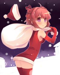  :o akaza_akari ass bare_shoulders double_bun elbow_gloves female gloves hair_bun hair_ribbon hat leaning_forward looking_back open_mouth purple_eyes red_gloves red_hair red_thighhighs ribbon sack santa_costume santa_hat shin_(new) short_hair snow snowing solo thighhighs unworn_hat unworn_headwear yuru_yuri 