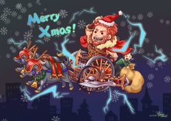  &gt;_&lt; 2boys antlers beard bull cape chariot chibi christmas closed_eyes commentary_request electricity facial_hair fate/stay_night fate/zero fate_(series) gordius_wheel_(fate) highres horns iskandar_(fate) merry_christmas multiple_boys photoshop_(medium) red_eyes red_hair short_hair tears waver_velvet yummiclaire 