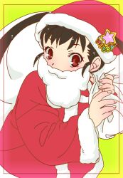  akutagawa_manbou bakemonogatari beard black_hair blush brown_eyes commentary_request facial_hair fake_beard fake_facial_hair female hachikuji_mayoi hat long_hair monogatari_(series) sack santa_claus santa_costume santa_hat smile solo twintails 