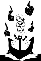  anchor commentary_request female greyscale hat highres koishi_komeiji&#039;s_heart-throbbing_adventure monochrome murasa_minamitsu necktie sailor sentaku-bune short_hair shorts smile standing touhou 