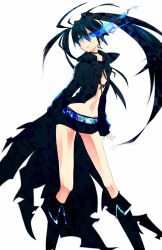  absurdres bad_id bad_pixiv_id bikini bikini_top_only black_hair black_rock_shooter black_rock_shooter_(character) black_shorts blue_eyes boots female flaming_eye glowing highres long_hair midriff navel no_shirt shorts simple_background solo swimsuit twintails uneven_twintails zombie_neko 