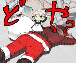  1boy aged_down apron arms_up beard boots chamaruk chibi christmas commentary_request facial_hair female gloves hat izayoi_sakuya jitome knife lying maid maid_headdress on_stomach sack santa_boots santa_claus santa_costume santa_gloves santa_hat sparkle stab standing standing_on_person touhou victory_pose waist_apron zoom_layer 