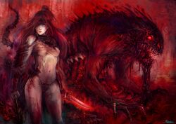  blood breasts commentary contrapposto covered_nipples deep_wound demon female guro high_ponytail injury intestines kazeco knife medium_breasts monster navel one_eye_covered original parted_lips photoshop_(medium) ponytail red_eyes red_hair red_theme sarashi skeleton standing 