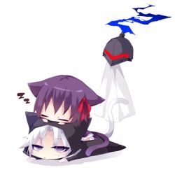  2boys animal_ears berserker_(fate/zero) blanket cat_ears cat_tail chibi chikuwa_(mukita) commentary_request fate/zero fate_(series) floating hood hoodie male_focus matou_kariya matou_sakura multiple_boys on_head person_on_head photoshop_(medium) purple_eyes purple_hair sleeping tail white_hair 