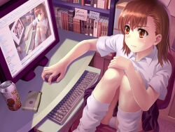  blush brown_eyes brown_hair computer danbooru_(site) denhijou_niki derivative_work english_text female gekota highres leg_warmers medium_hair meta misaka_mikoto monitor mouse_(animal) panties pantyshot photoshop_(medium) profanity recursion school_uniform sitting solo summer_uniform third-party_edit toaru_kagaku_no_railgun toaru_majutsu_no_index tokiwadai_school_uniform underwear 