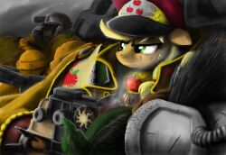  absurd_res apple applejack_(mlp) armor blonde_hair blood bodily_fluids bolter cape clothing english_text food friendship_is_magic fruit green_eyes hair hasbro hat headgear headwear hi_res laaseensld my_little_pony plant smoke tank text vehicle war warhammer_(franchise) weapon 