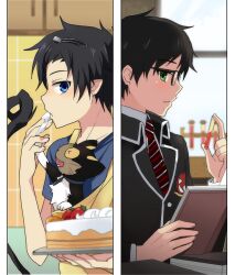  2boys ao_no_exorcist black_hair blue_eyes blush brothers cake commentary_request feline food glasses green_eyes hair_ornament hairclip kuro_(ao_no_exorcist) kurot male_focus multiple_boys okumura_rin okumura_yukio pointy_ears siblings strawberry_shortcake tail test_tube 