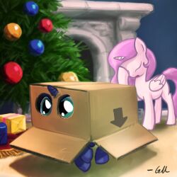  1:1 alicorn box cardboard cardboard_box cardboard_container christmas christmas_tree container daww duo english_text equid equine facepalm feathered_wings feathers female feral fireplace friendship_is_magic giantmosquito gift glistening glistening_eyes hair hasbro holidays horn in_box in_container inside lolicon long_hair mammal my_little_pony mythological_creature mythological_equine mythology pink_hair plant princess princess_celestia_(mlp) princess_luna_(mlp) quadruped royalty sibling_(lore) signature sister_(lore) sisters_(lore) tail text tree white_body white_feathers wings young young_feral 