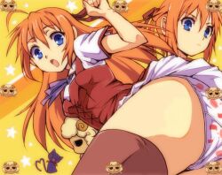  ahoge black_cat blue_eyes brown_legwear commentary_request feline female kamisimo_90 konoe_subaru long_hair mayo_chiki! open_mouth orange_hair panties sheep stuffed_animal stuffed_toy thighhighs underwear 