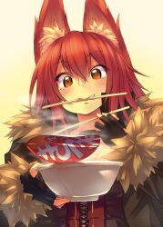  animal_ears black_gloves bowl chopsticks commentary_request female fingerless_gloves fox_ears fur_trim garuku gloves holding jacket long_sleeves mouth_hold oerba_yun_fang original photoshop_(medium) red_eyes red_hair simple_background solo yellow_eyes 