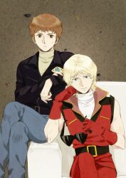  2boys amuro_ray ar_(rikuesuto) arm_support bare_shoulders belt black_jacket blonde_hair blue_eyes brown_eyes brown_hair char_aznable commentary_request couch denim gloves gundam jacket jeans leaning male_focus military military_uniform multiple_boys painttool_sai_(medium) pants quattro_bajeena red_gloves sitting sunglasses sweat turtleneck uniform unworn_eyewear zeta_gundam 