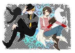  2boys alternate_costume ar_(rikuesuto) banagher_links blonde_hair blue_eyes book brown_eyes brown_hair commentary_request cosplay fedora gundam gundam_unicorn hair_ornament hairclip hat hidari_shoutarou hidari_shoutarou_(cosplay) kamen_rider kamen_rider_w multiple_boys painttool_sai_(medium) philip_(kamen_rider) philip_(kamen_rider)_(cosplay) riddhe_marcenas short_hair striped uchiyama_kouki vest voice_actor_connection 